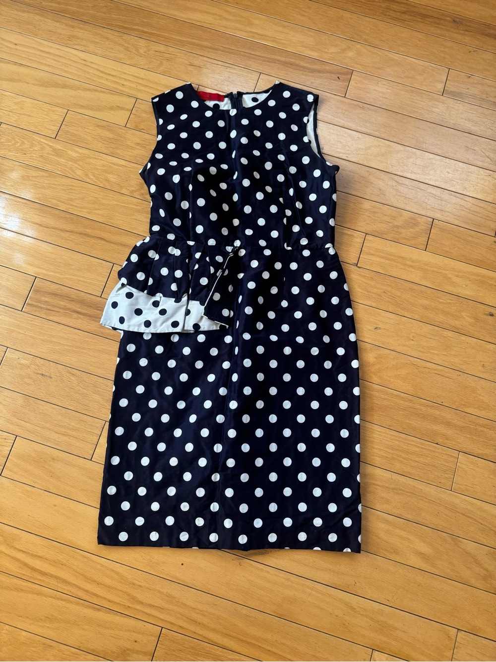 Navy Blue Polka Dot Sheath Dress with Peplum Accent Carolina Herrera CH
